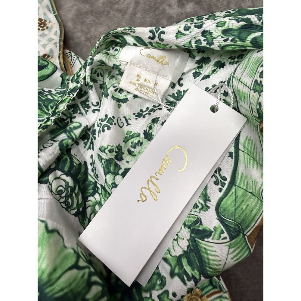 NWT Camilla Corridor Of Calm Green Silk One Shoulder Tie Maxi Dress sz M L - Picture 13 of 15